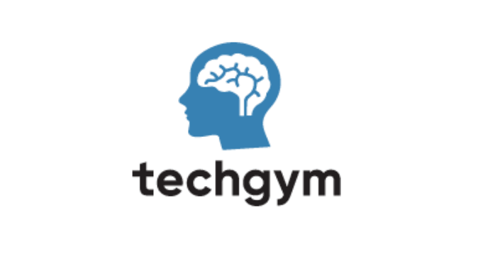 Techgym logo featuring a silhouette of a head with a brain icon inside.