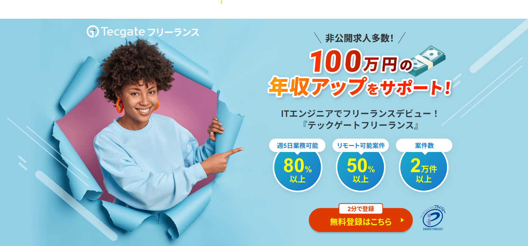 Smiling person in blue sweatshirt pointing, with text about freelance IT earnings increase in Japanese.