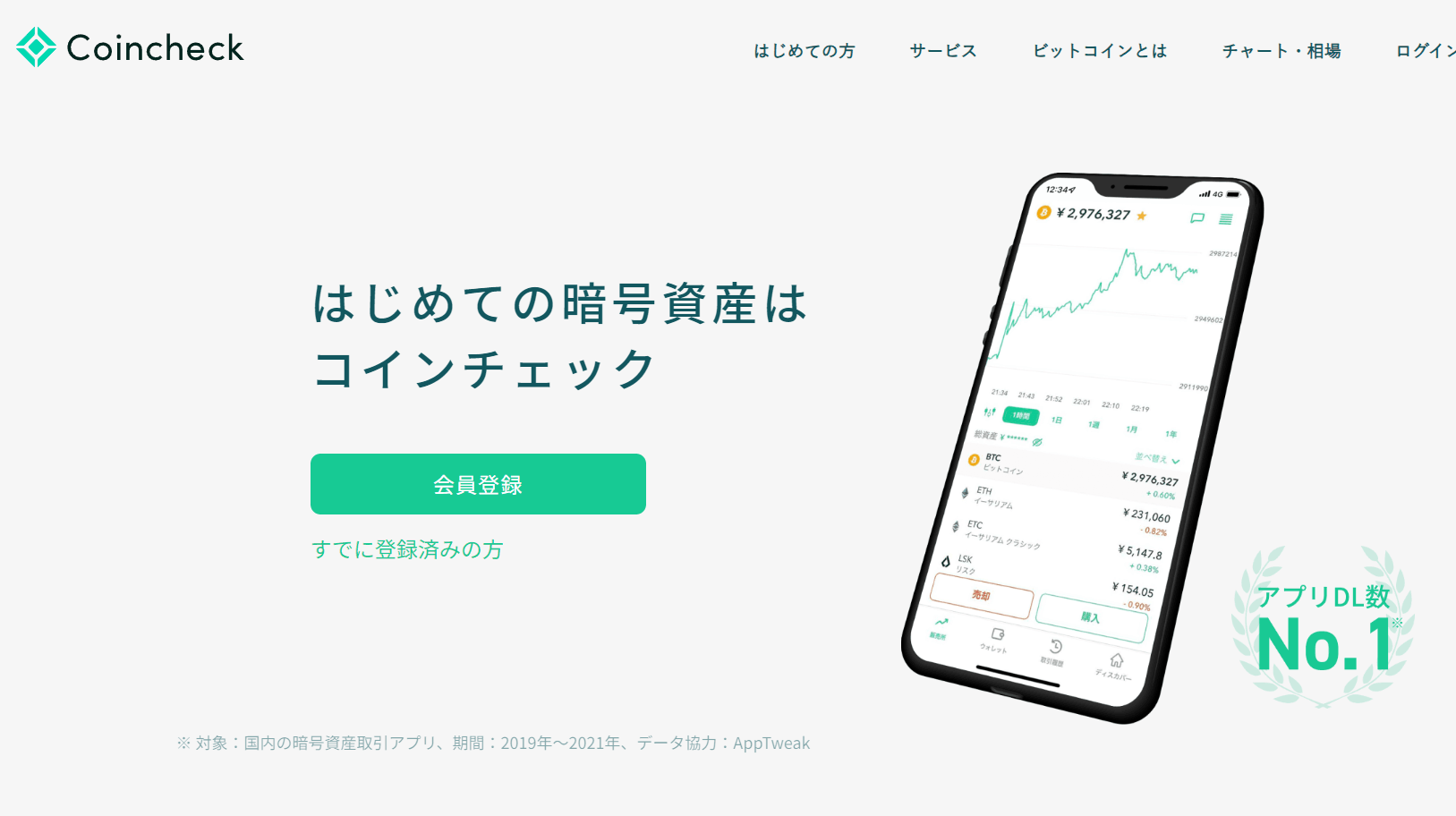 Coincheck app screenshot showing cryptocurrency values and a graph with Japanese text and registration button.