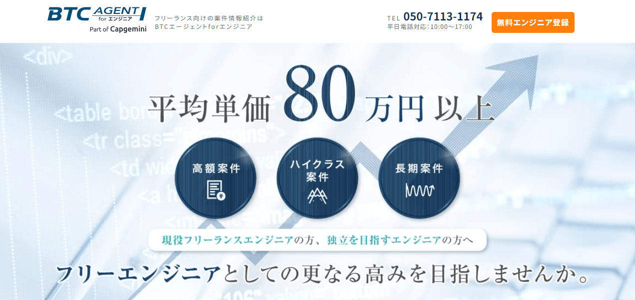 Promotional banner for BTC Agent, highlighting freelance engineering opportunities with high rates in Japanese text.
