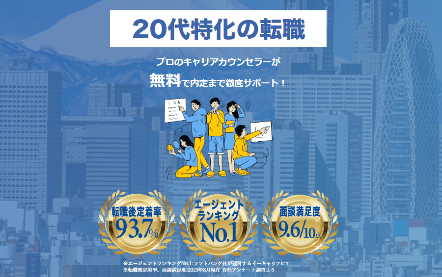 Illustration of young professionals with awards for career support, set against a cityscape background.